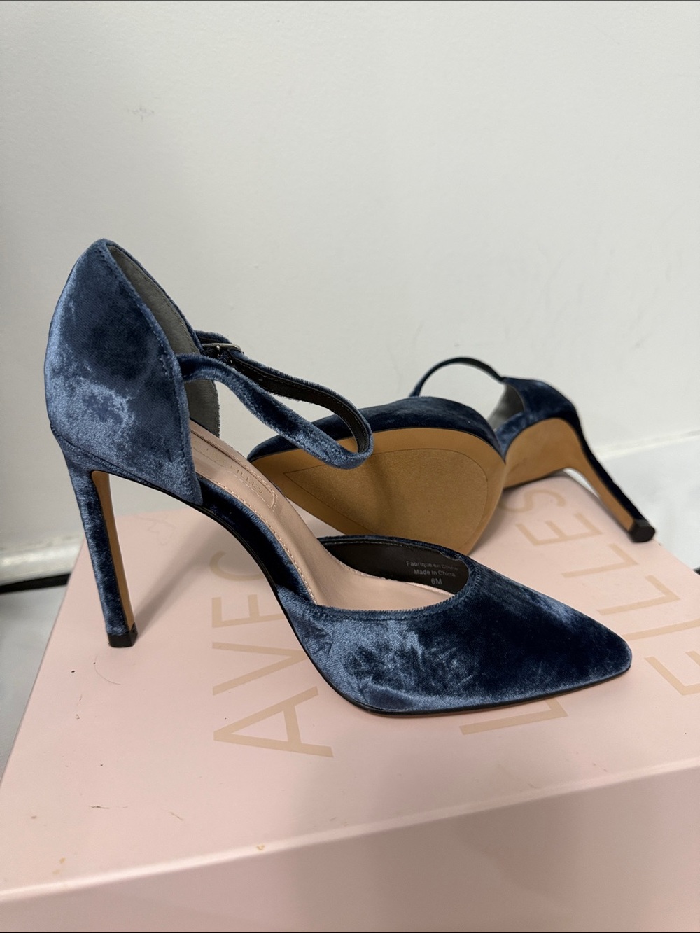 Avec Les Filles Velvet Pointed-Toe Heels in Navy Blue